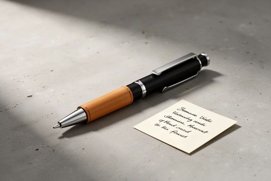 Slim matte black multi-pen with leather grip and silver clip on concrete beside a note