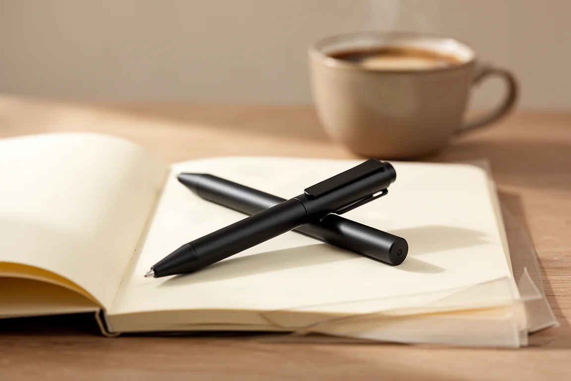Matte black multi-pen resting on an open notebook beside a cup of coffee