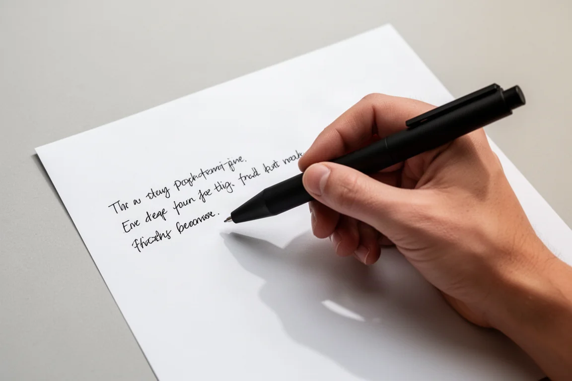 Hand holding a thick pen over paper with the barrel blocking the view of the written line