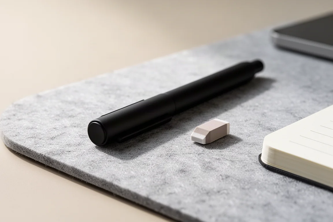 Pen capped eraser end and separate replacement eraser on a minimal desk