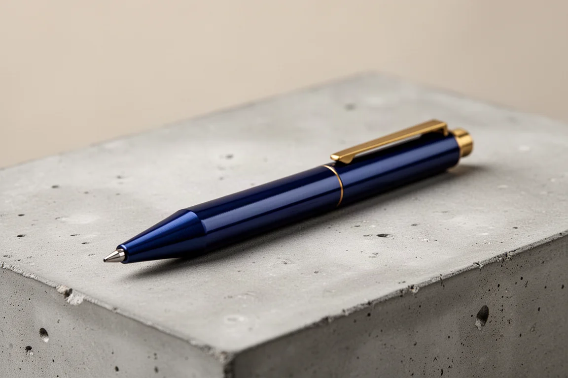 Glänzender navyblauer Metall-Druckbleistift auf einer Betonoberfläche