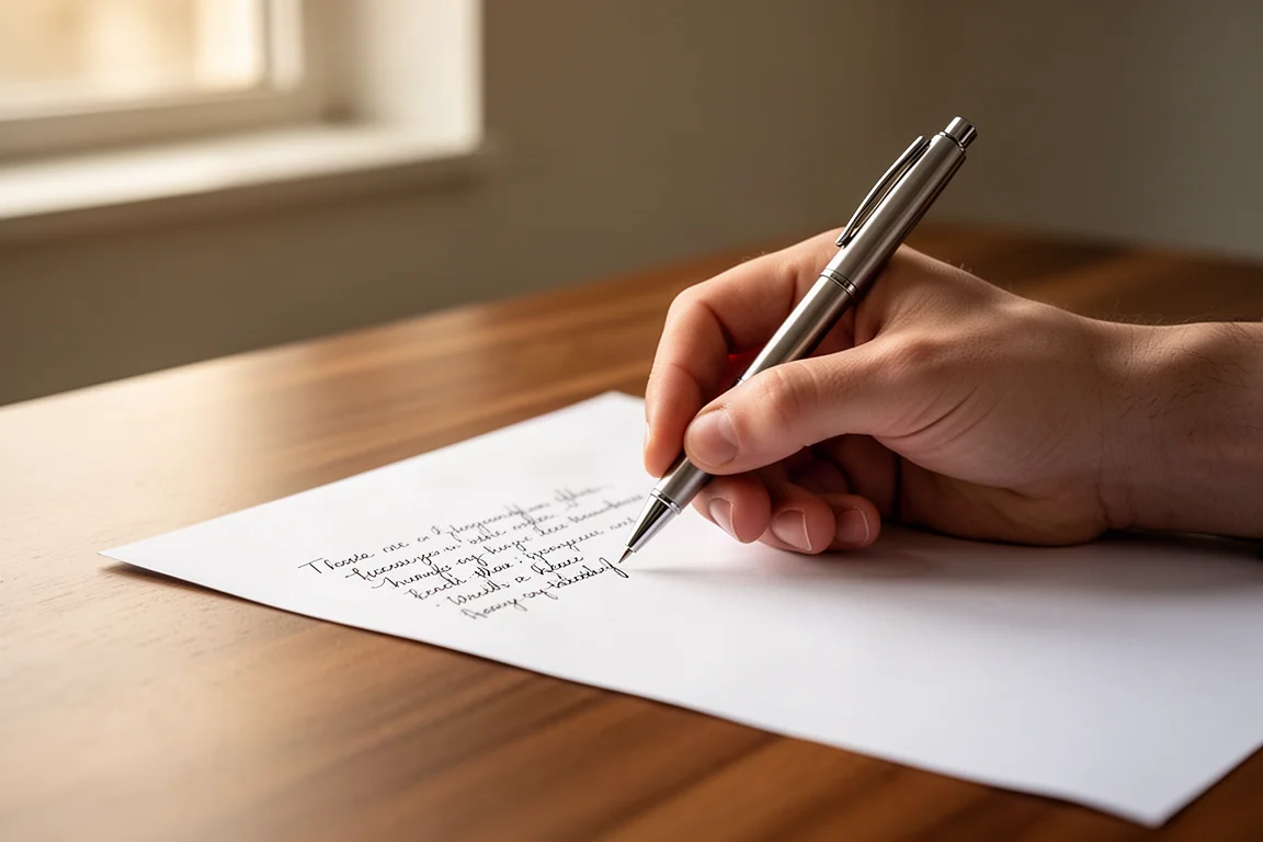 Hand schreibt Notizen mit einem hochwertigen Metallschreiber auf weißem Papier