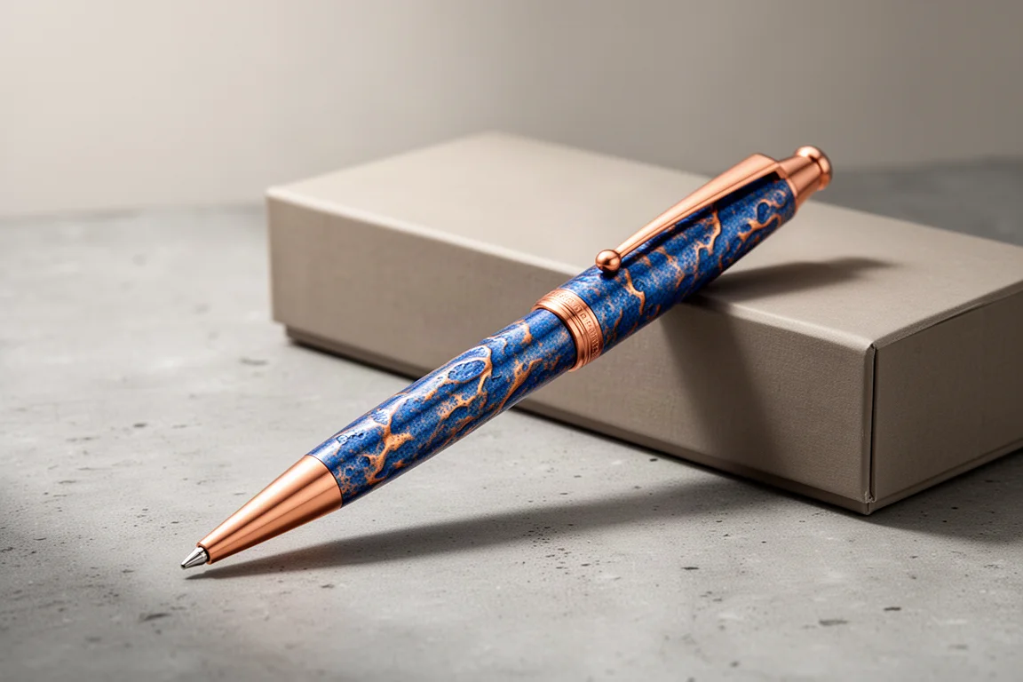 Itoya Romeo No. 3 Art Collection pen with blue patina barrel and gold fittings beside its box