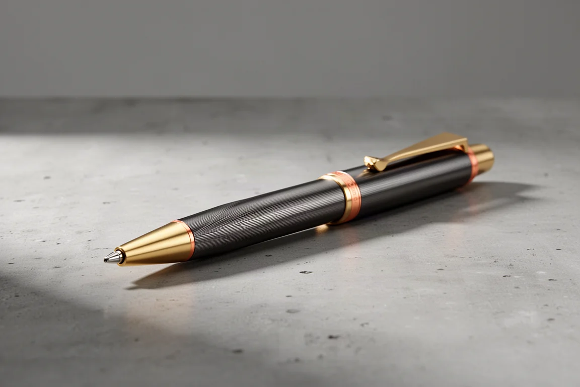 Gunmetal and apricot gold slim twist ballpoint pen on a concrete surface