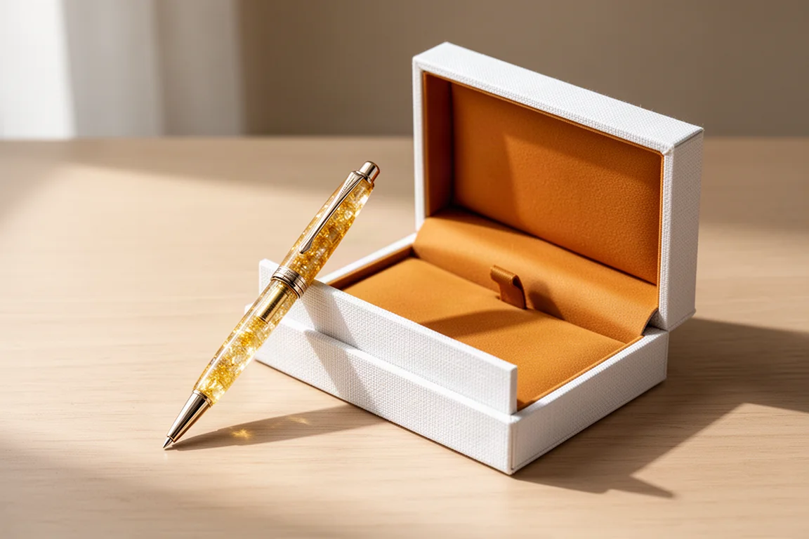 Bolígrafo dorado con brillo junto a una caja de presentación envuelta en tela blanca