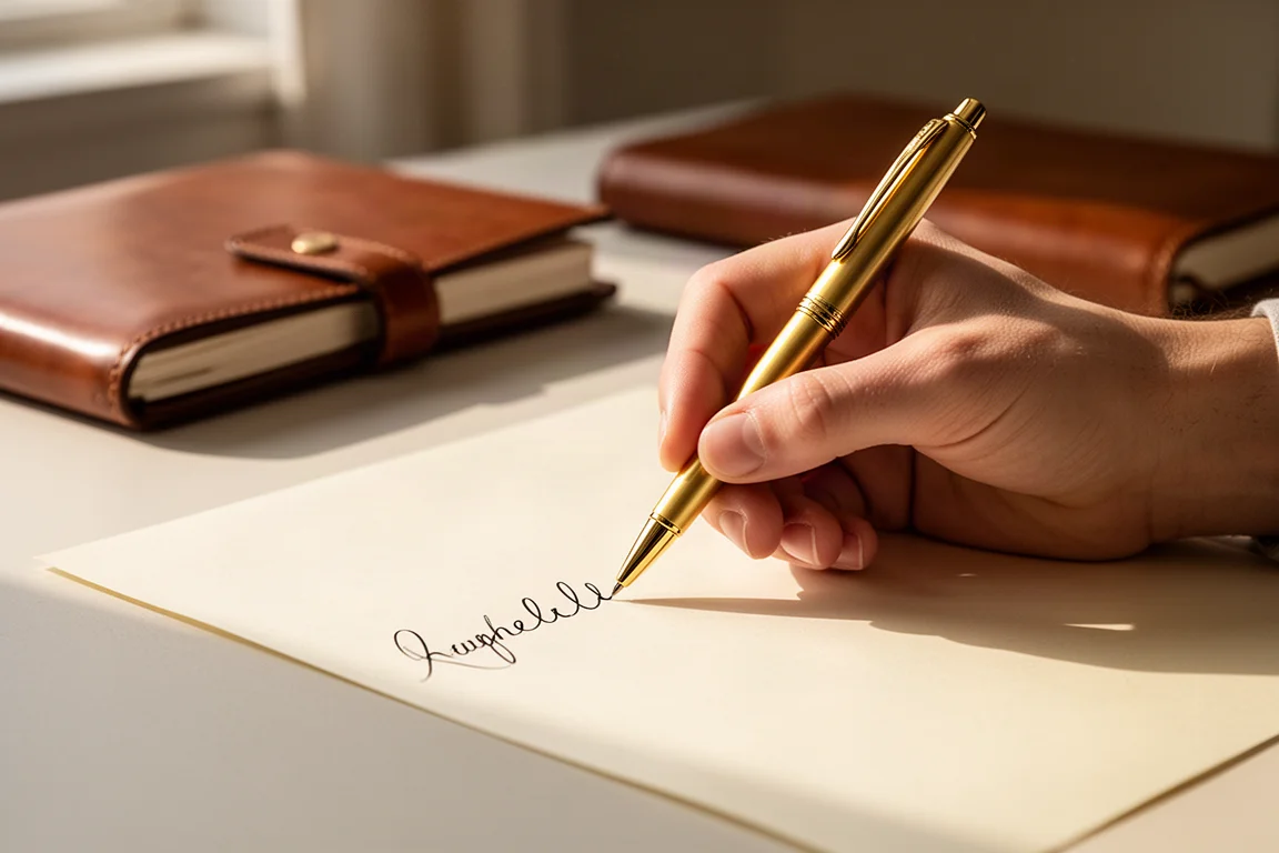 Mano escribiendo con fluidez sobre papel crema con un bolígrafo dorado