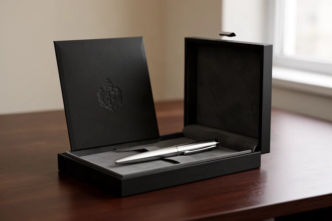 Caja de presentación negra con logotipo en relieve, abierta para mostrar el bolígrafo en su interior
