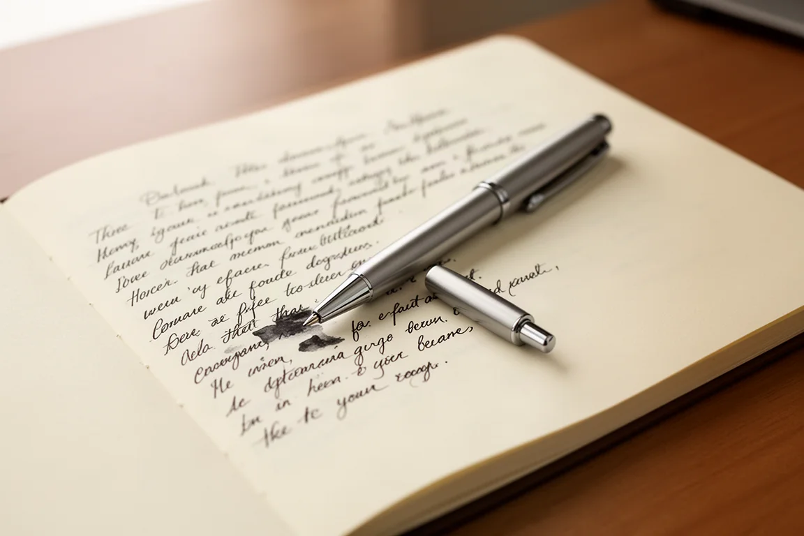 Escritura fluyendo suavemente sobre papel crema de cuaderno con el bolígrafo
