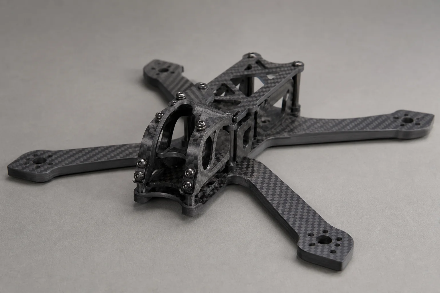 Fully assembled FPV racing drone with carbon fiber frame and mounted electronics