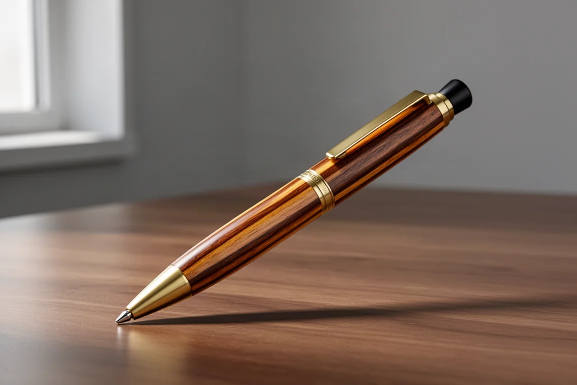 Wood-bodied mechanical pencil with brass trim on a wooden desk