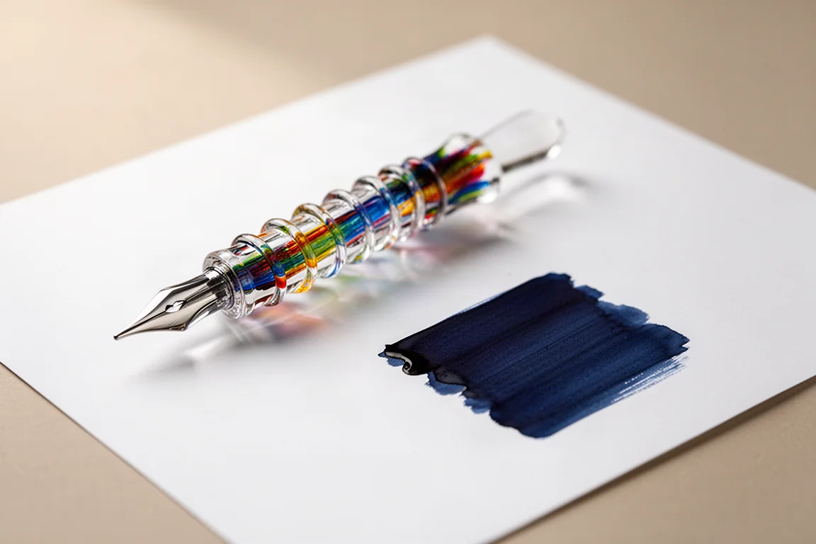 Ein Glas-Giệpennstift neben einer frisch geschriebenen Tinteprobe auf weißem Papier