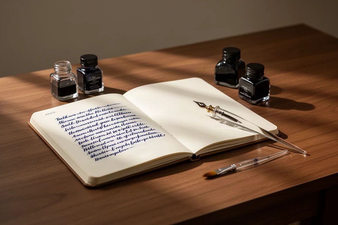 Eine gemütliche Journaling-Szene am Schreibtisch mit Tintenflaschen, Notizbuch und Federmäppchen