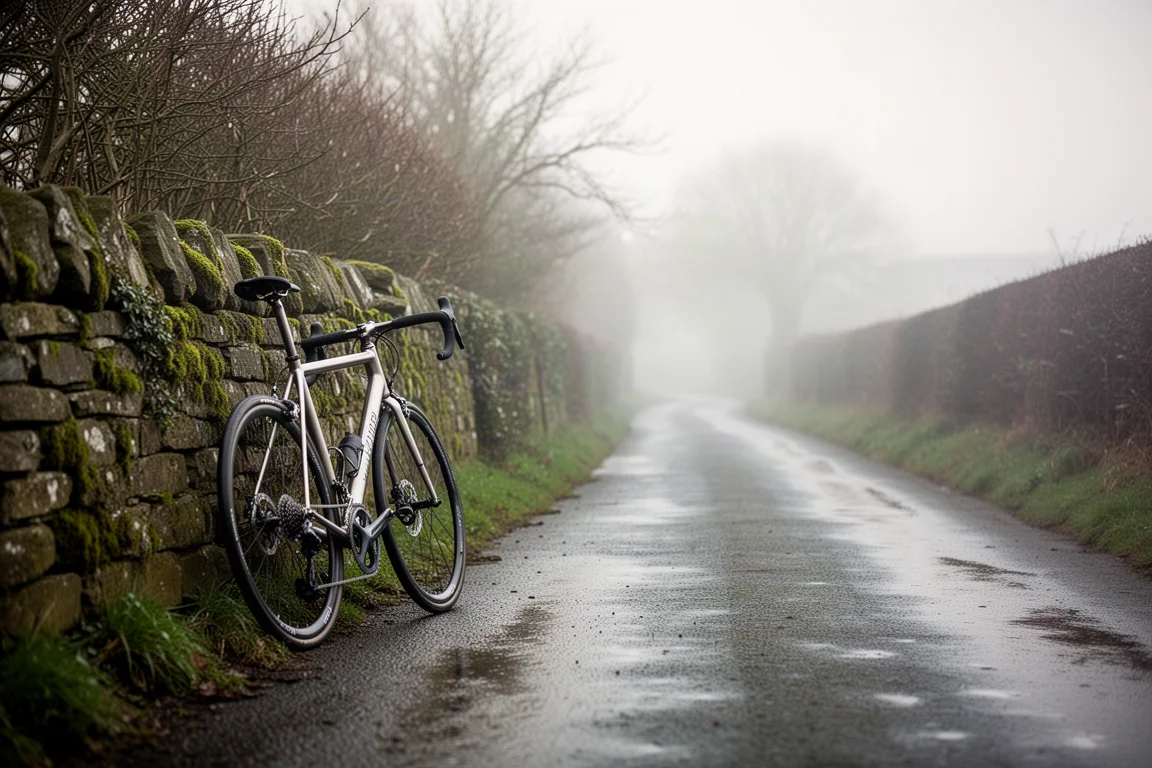 Vélo de route en titane garé sur une petite route de campagne mouillée dans la lumière matinale