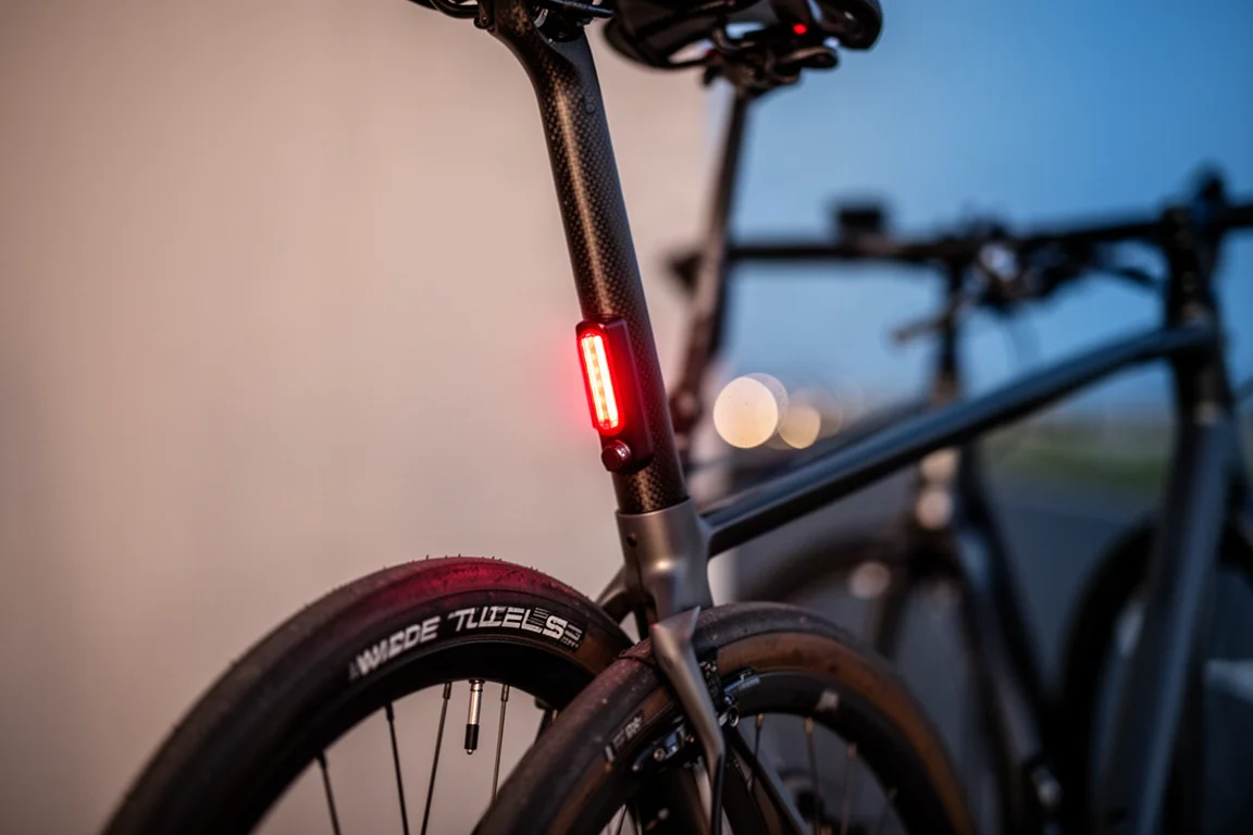 Feu arrière dynamo allumé sur une tige de selle de vélo au crépuscule sur une route de campagne