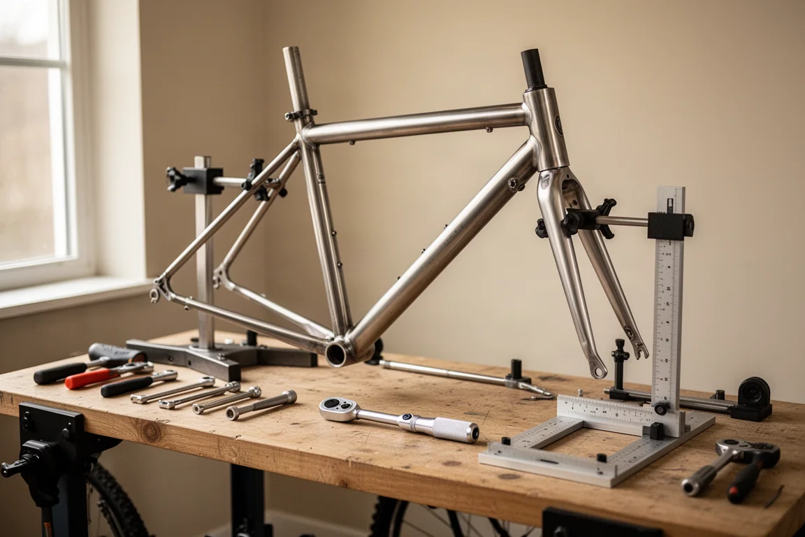 Établi d'atelier avec cadre de vélo et outils pendant une étude posturale personnalisée