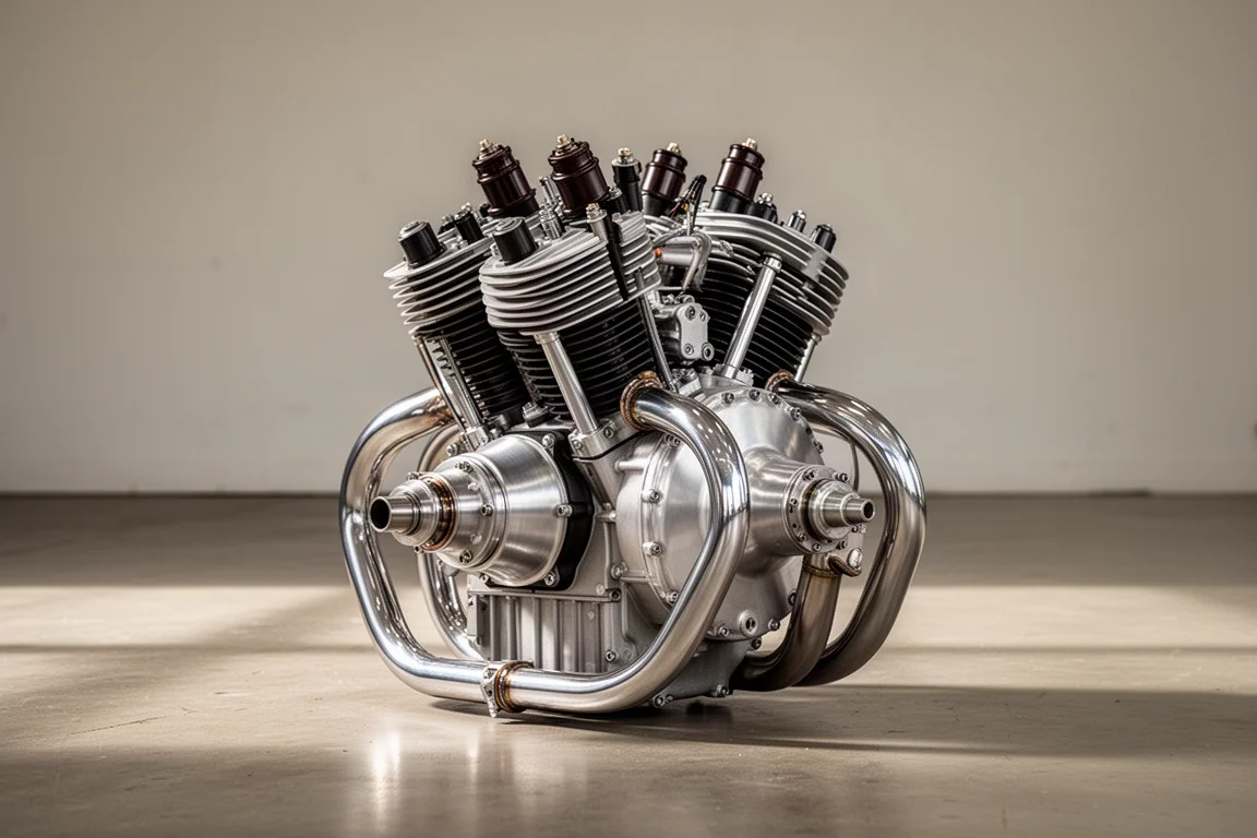 Six-cylinder air-cooled aircraft engine on a hangar floor in soft window light