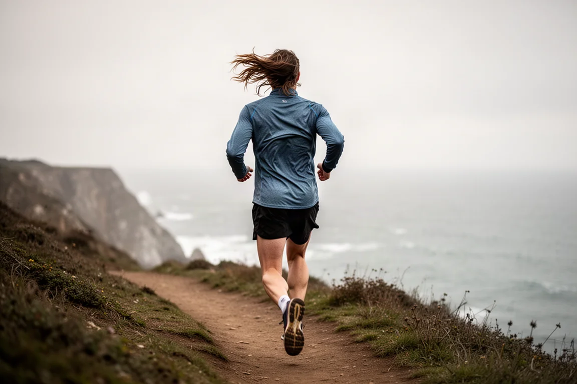 Runner on a coastal cliff path wearing wireless earbuds on a windy day