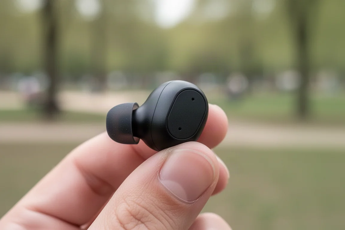 Close-up of a wireless earbud held near an ear during a pause in a run