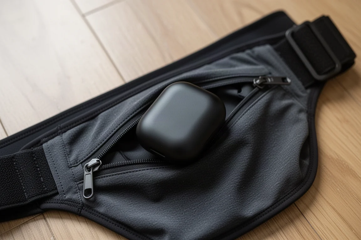 Small charging case with flat edges tucked into the pocket of a running belt