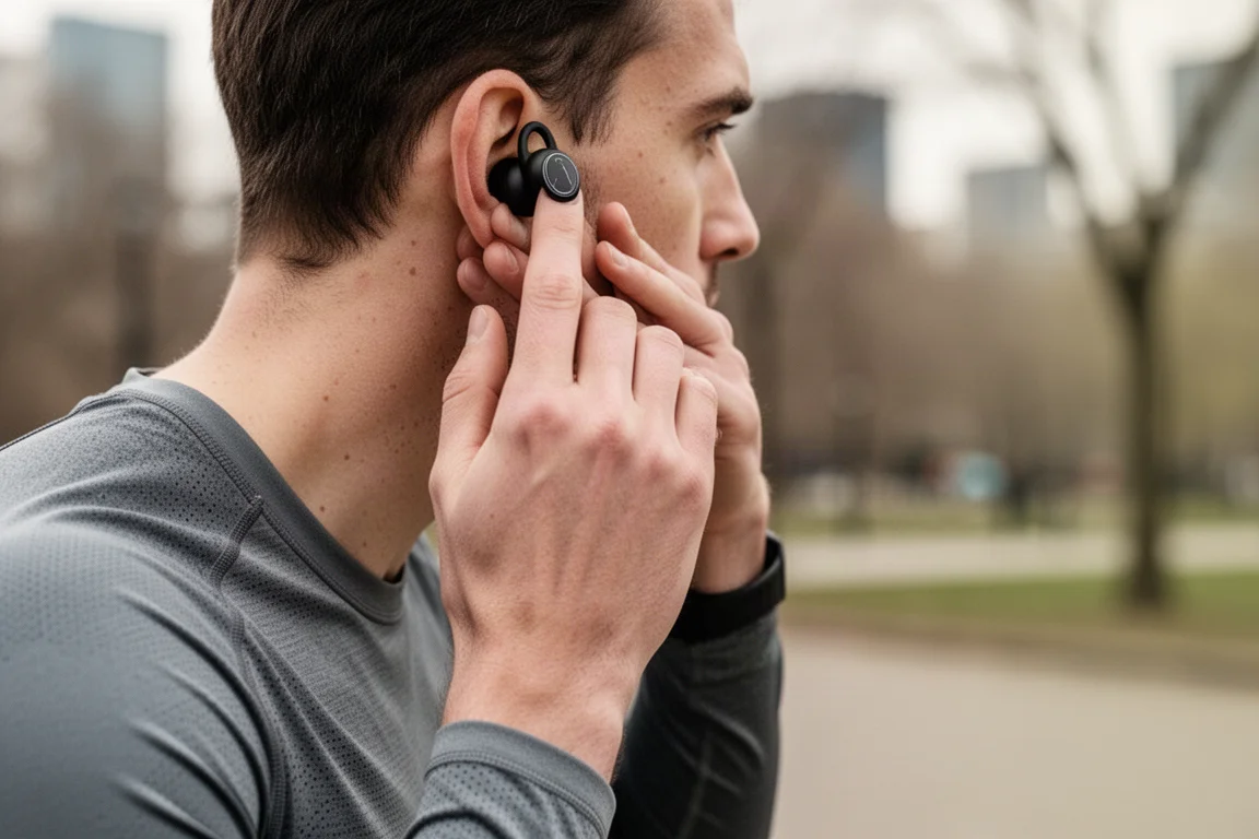 Runner pressing the physical button on an earbud mid-workout