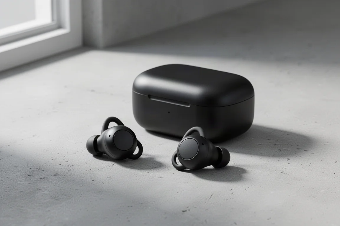 Pair of matte black wireless sports earbuds beside their charging case on grey concrete