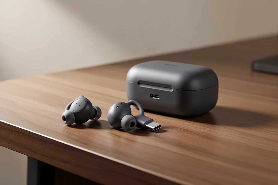 Jabra Elite 7 Active earbuds and charging case on a wooden desk