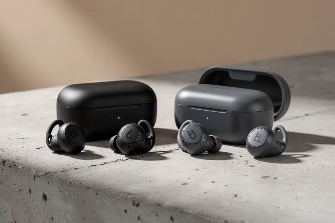 Two pairs of Jabra sport earbuds with their charging cases on a concrete surface