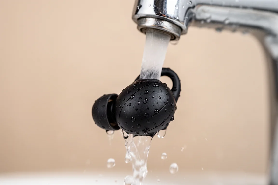 Ohrhörer wird unter einem Wasserhahn abgespült, um die Wasserbeständigkeit zu zeigen