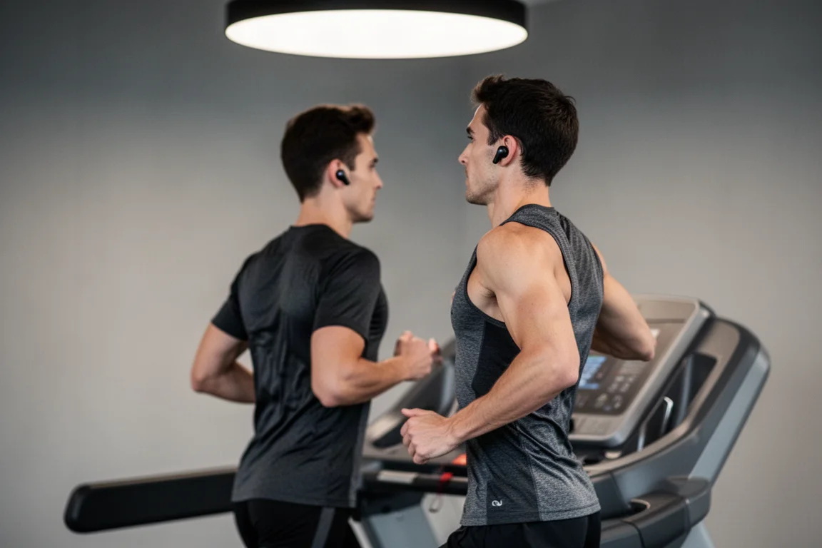 Läufer auf einem Laufband im Fitnessstudio mit kabellosen Ohrhörern