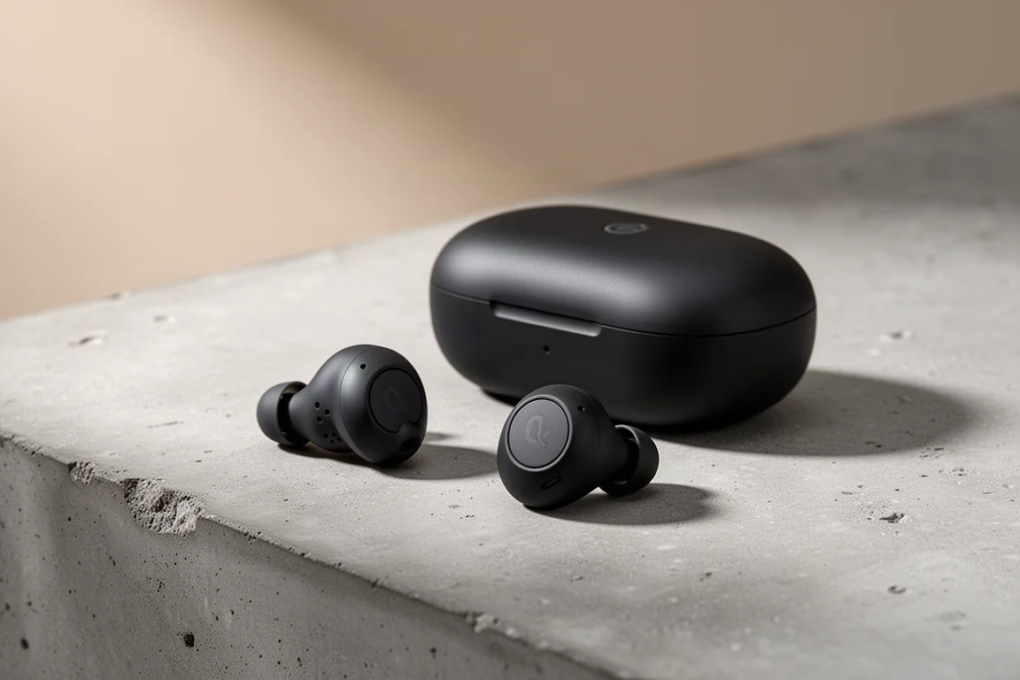 Small matte black wireless running earbuds beside their compact charging case on concrete