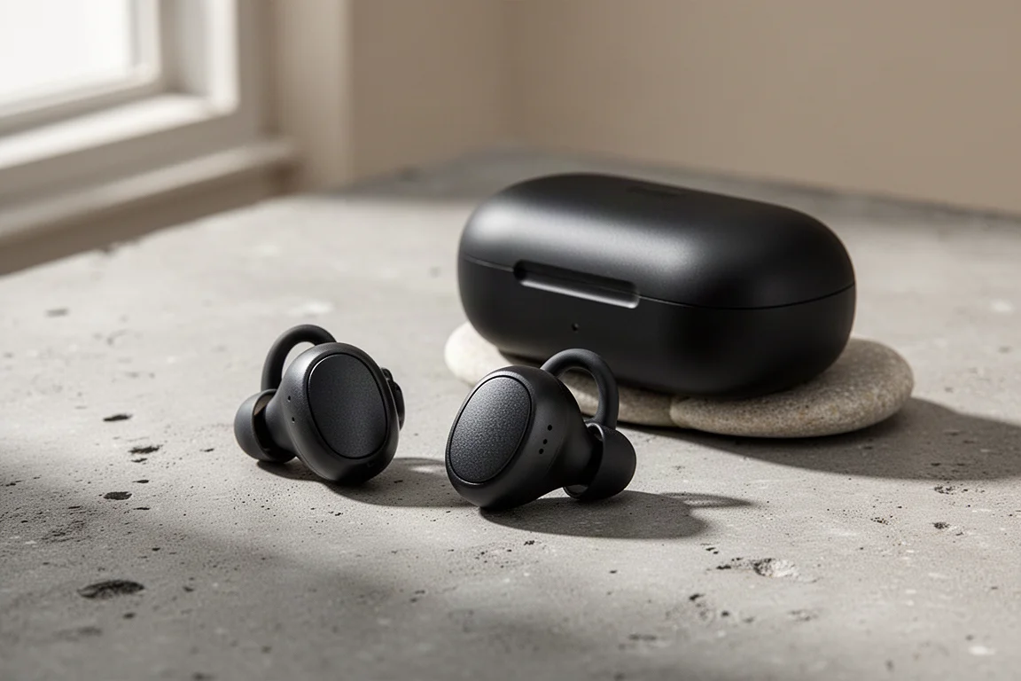 Jabra Elite 8 Active earbuds and compact charging case on a concrete surface