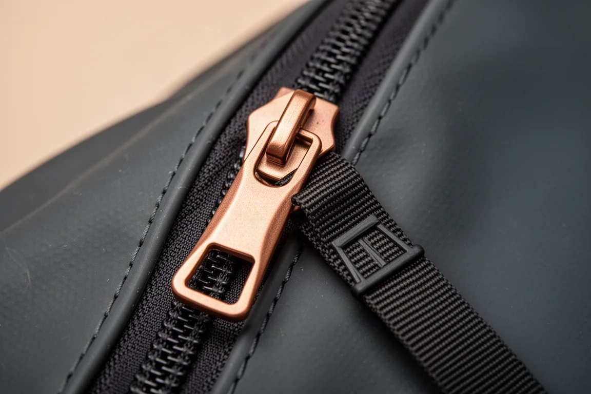 Close-up van een grote, dikke rits met metalen ritslipper op donkere tasstof