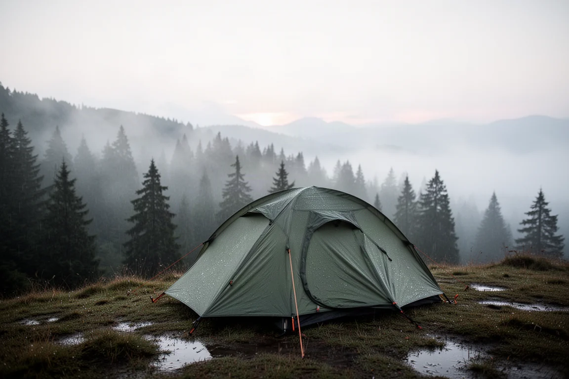 Two-person tunnel tent pitched on grass at dusk with a headlamp glowing inside