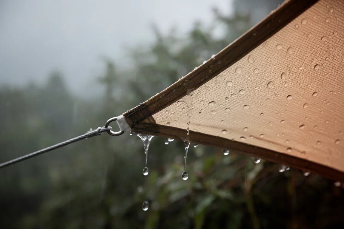 Rainwater beading on the taut green fly of a camping tent