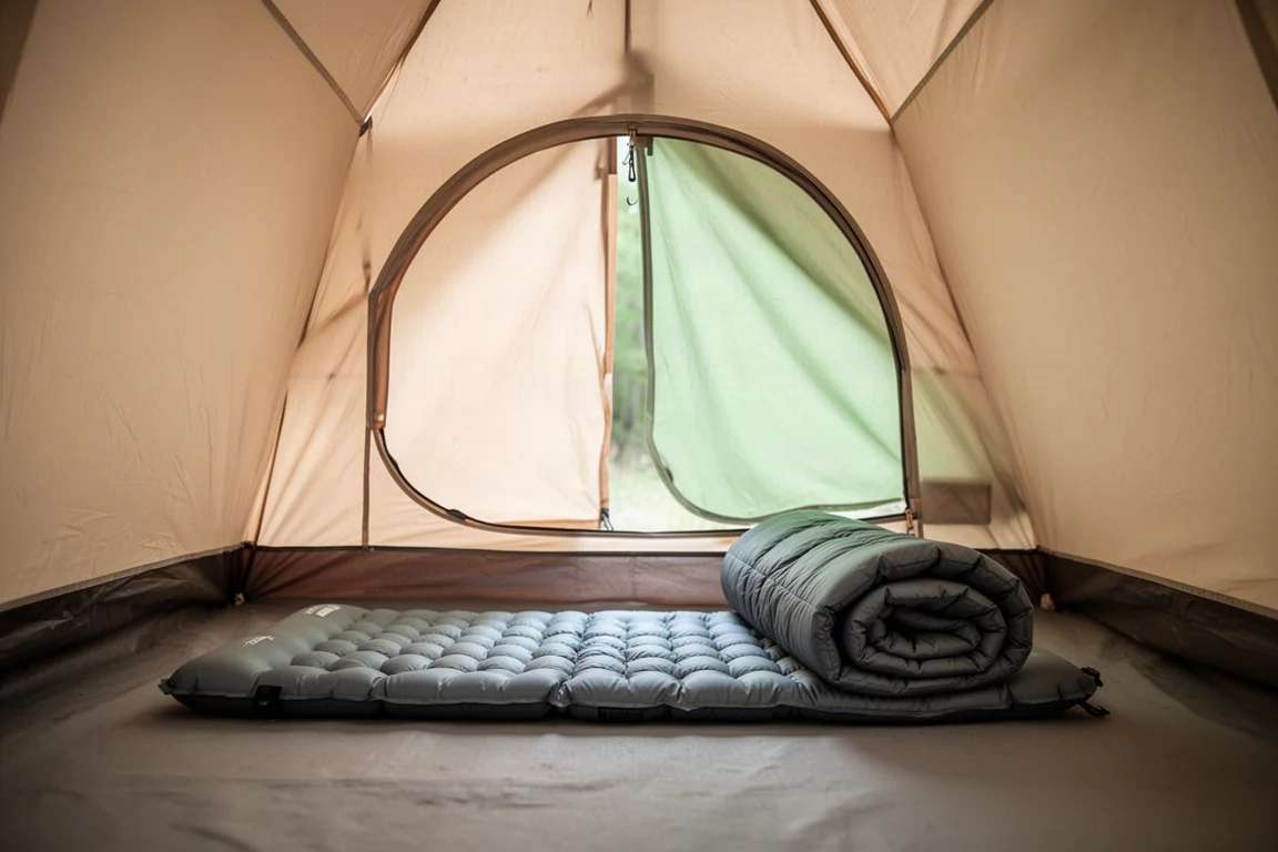 Interior of a tent showing mesh panels, gear pockets, and a hanging lantern line