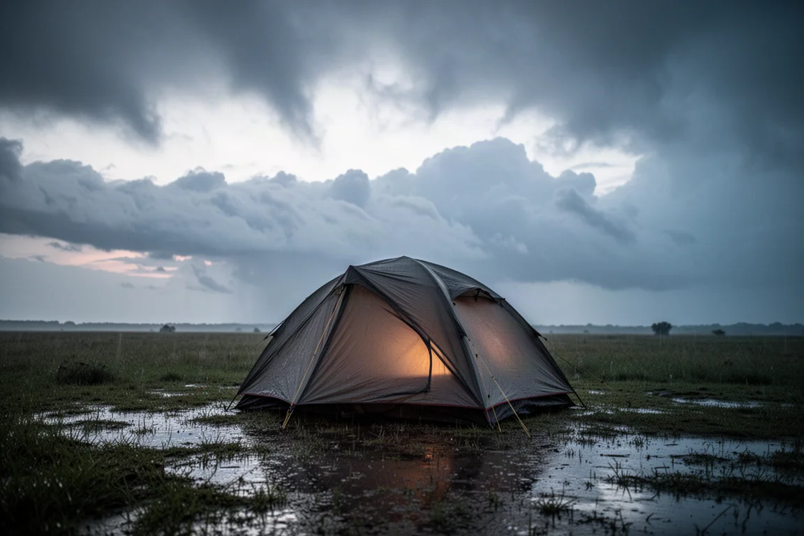 Packed tent in a stuff sack beside a hiking backpack on a wooden floor