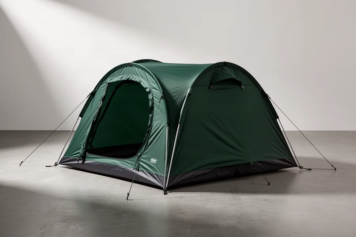 Tenda da campeggio da due posti a profilo basso montata su uno sfondo neutro da studio