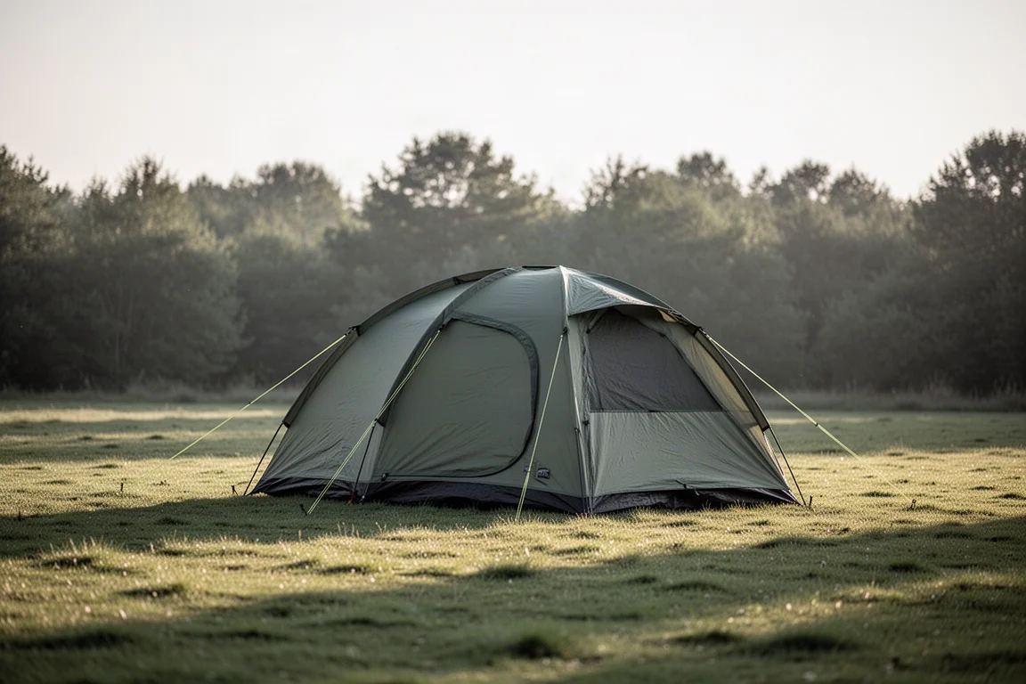 Tenda a tunnel montata in una radura boschiva al crepuscolo con luce calda all'interno