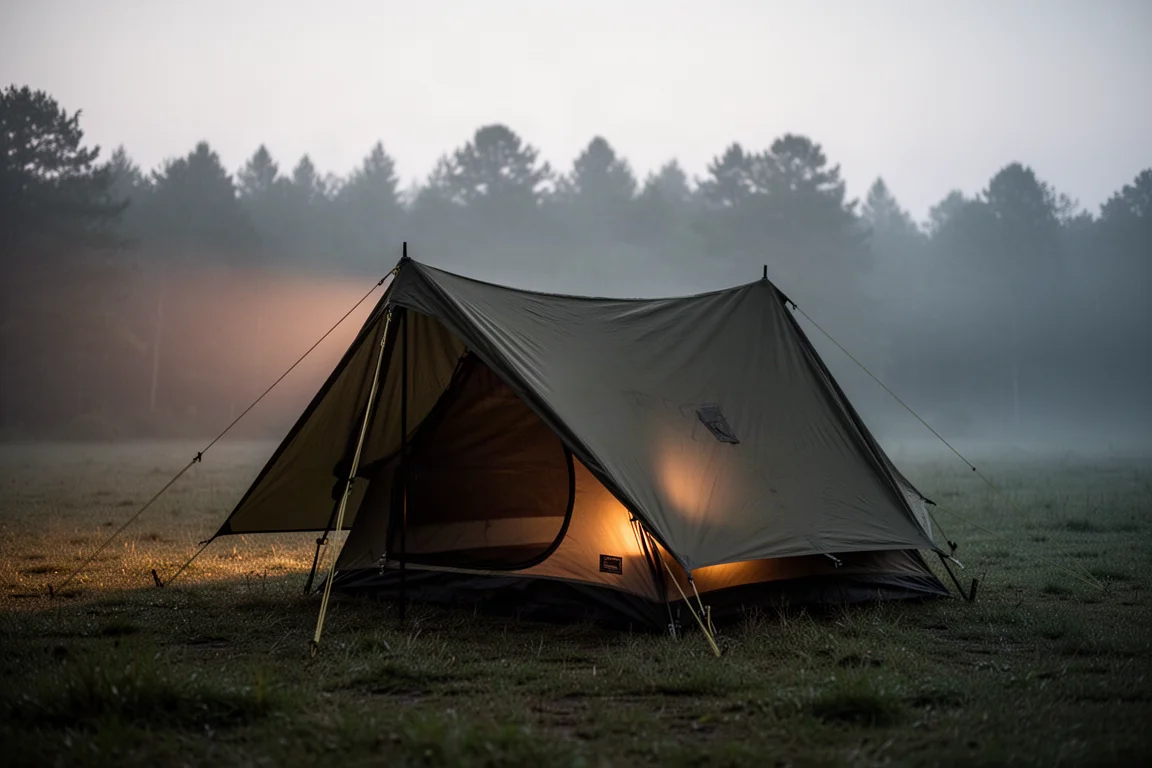 Mountain green two-person tunnel tent pitched on a concrete surface