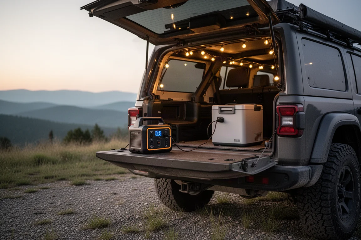 Portable power station with solar panel folded open on a van floor beside wooden cabinetry
