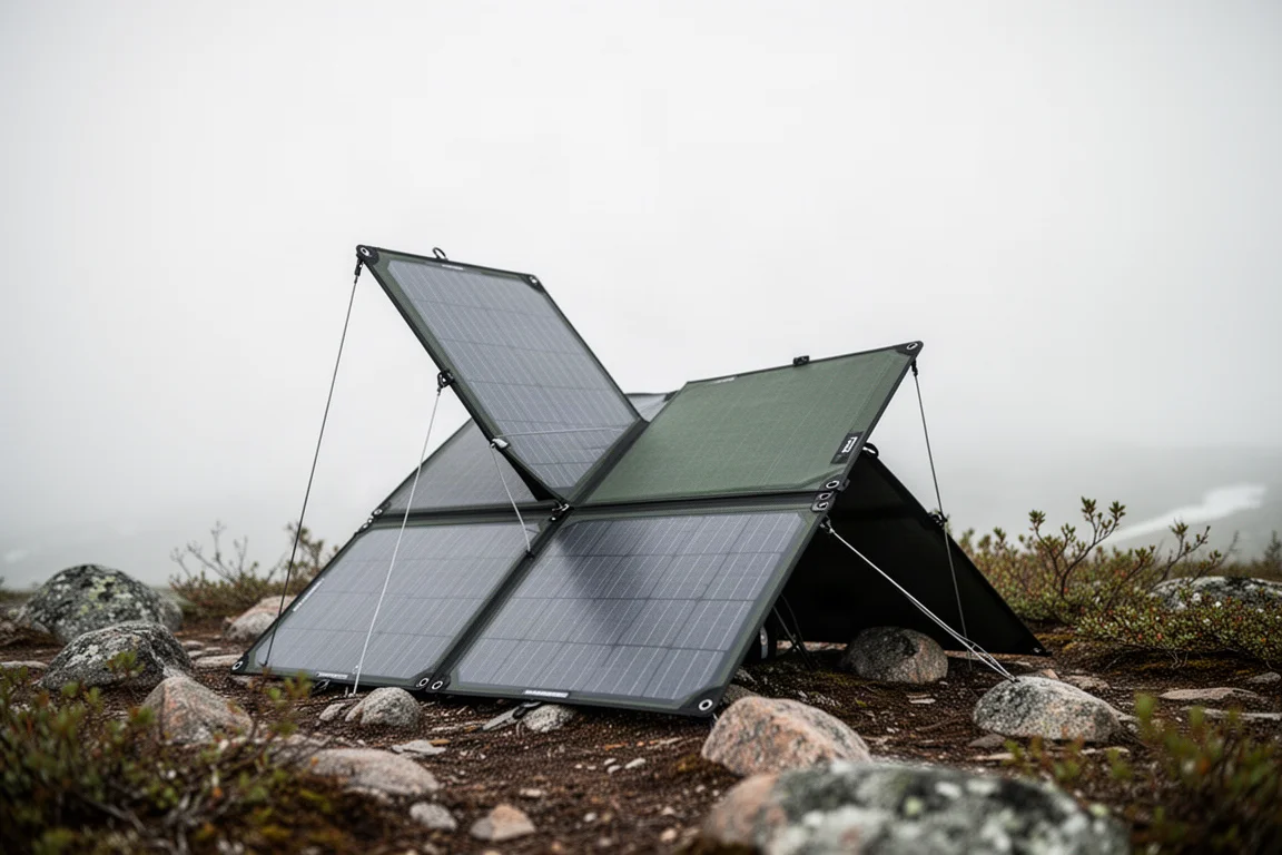 Solar panel propped in a van window with low evening sunlight falling across its cells