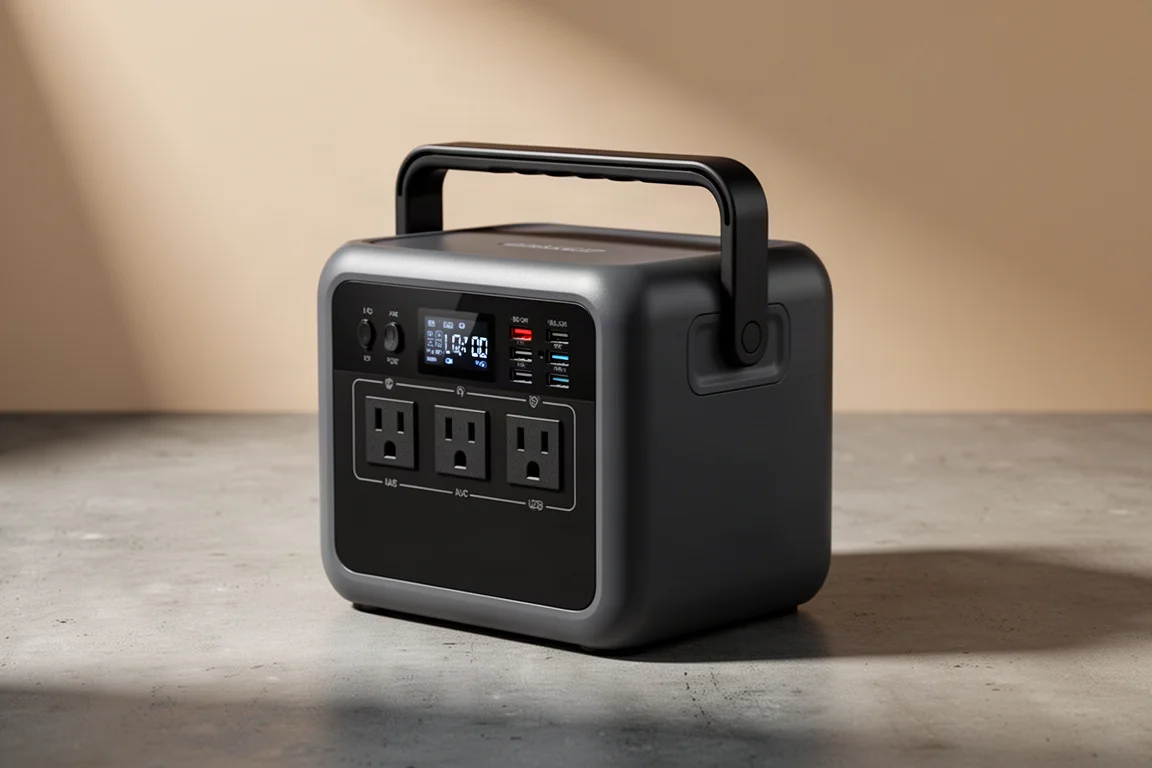 Portable power station with AC outlets and USB ports beside a folded solar panel