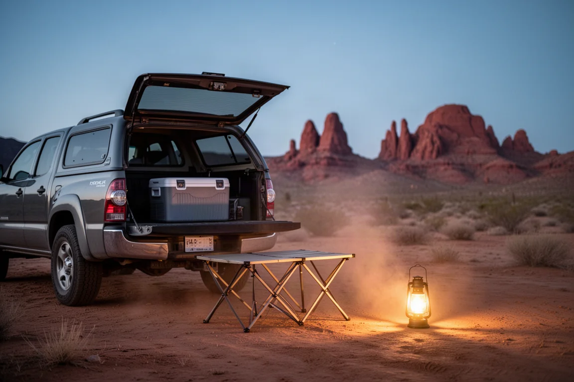 Station d'énergie portable sur un hayon de pick-up au crépuscule avec un câble enroulé à proximité