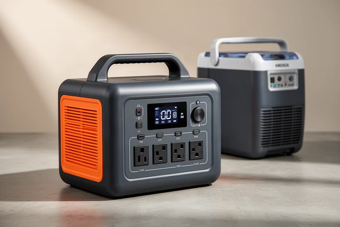Dark grey portable power station with orange side vents on a concrete surface