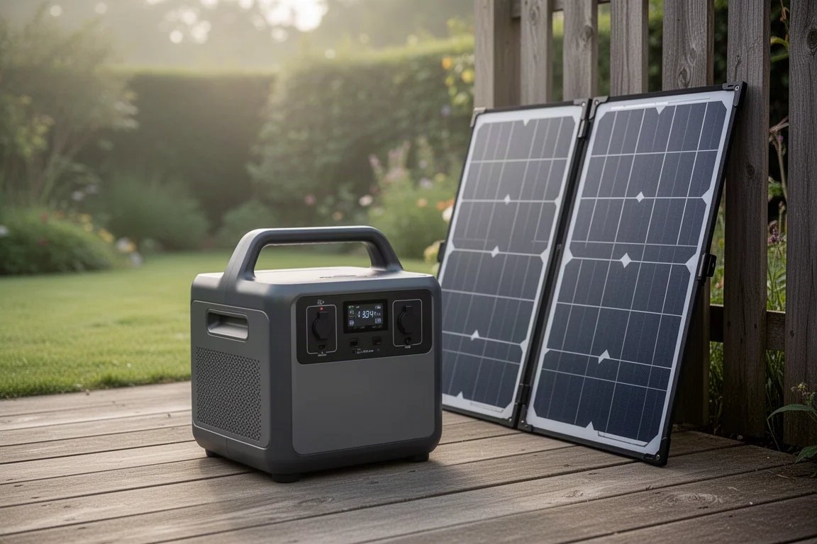 Portable power station with solar panels set up in a backyard