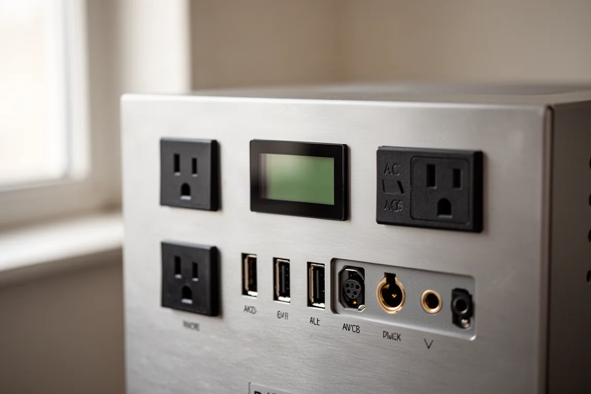 Close-up of a power station control panel with outlets and display