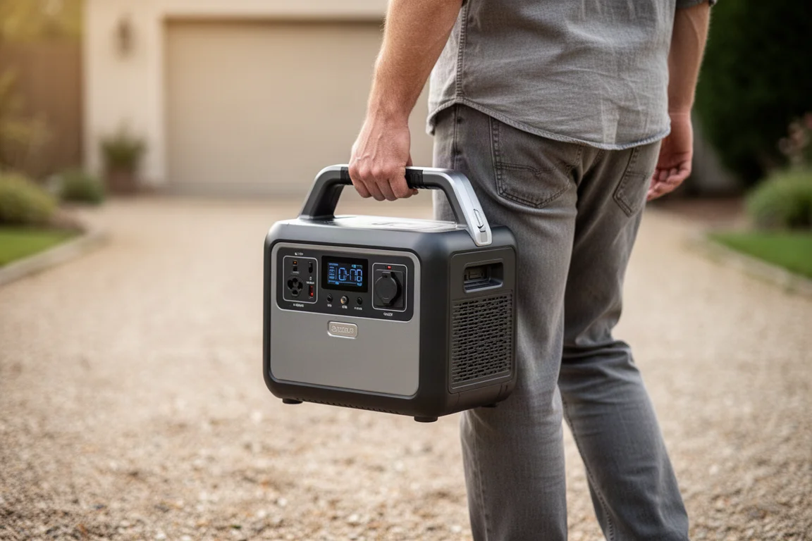 Compact power station being carried by a person outdoors