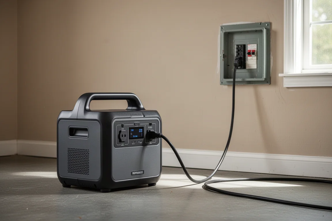 Power station connected to a home breaker panel with cables