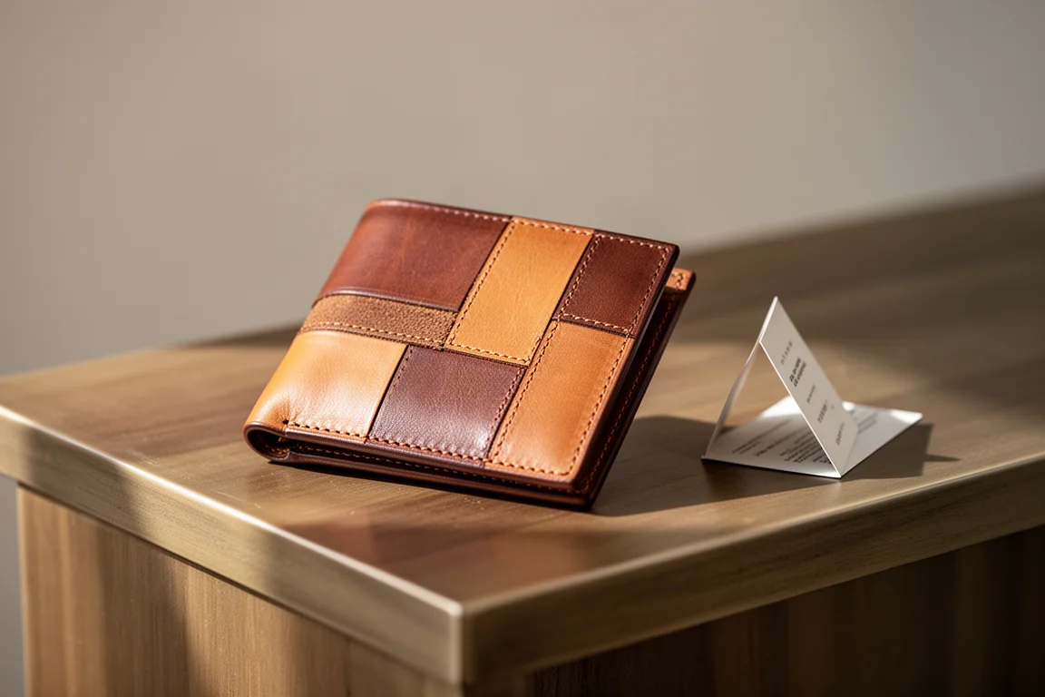 Patchwork leather wallet made from offcuts displayed on a wooden counter