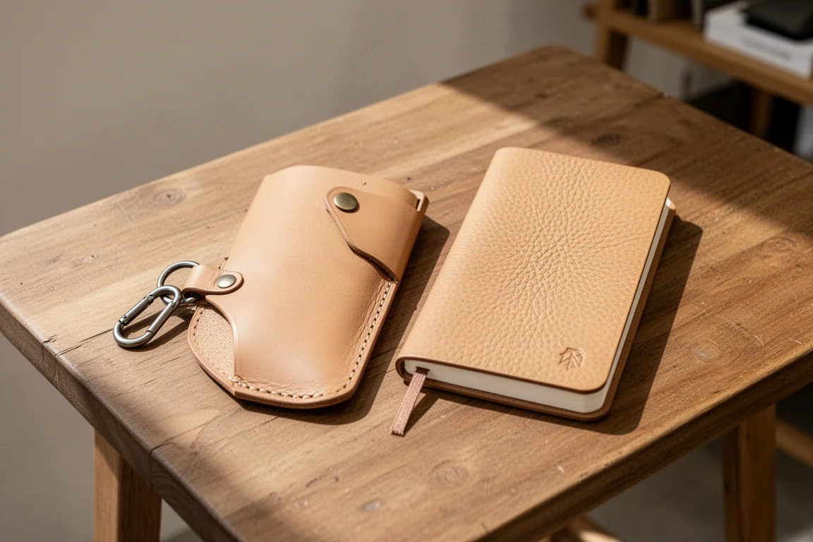 Leather key folio and letterpress notebook arranged on a market stall table